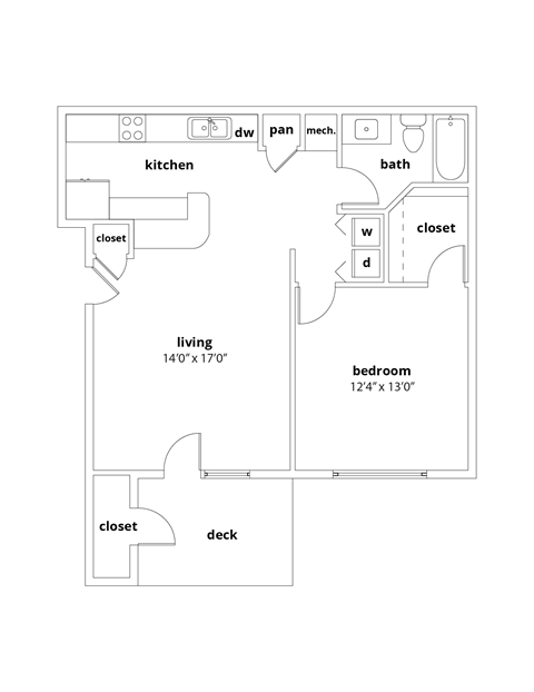A1 729 square foot one bedroom one bathroom floor plan at Appling Lakes, Cordova, 38016